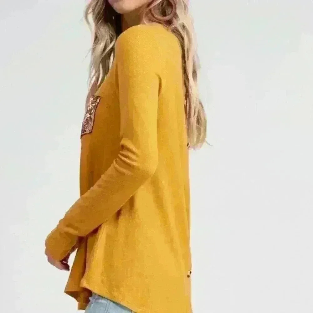 9. Mustard Thermal Top with Sequin Pocket and‎ Buttons - Picture 3 of 5